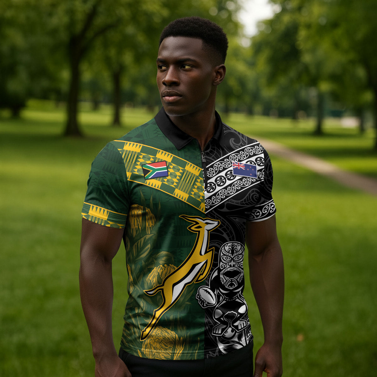 Custom Rugby New Zealand South Africa Zipper Polo Shirt Maori Tiki Springboks Together