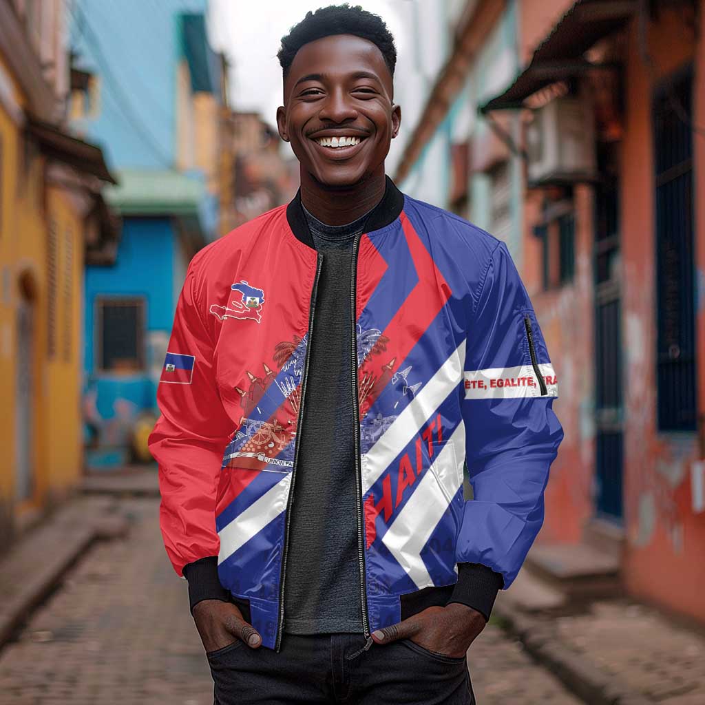 Personalised Haiti 1804 Sleeve Zip Bomber Jacket Coat Of Arms Simple Style - African Pride