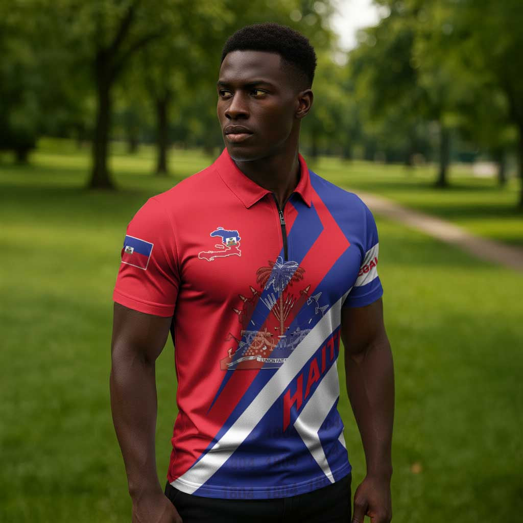 Personalised Haiti 1804 Zipper Polo Shirt Coat Of Arms Simple Style