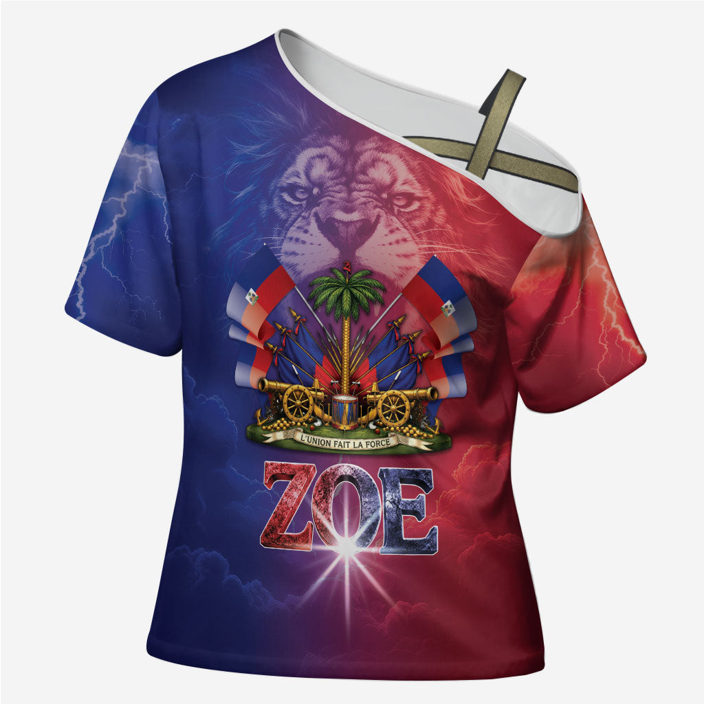 Haitian Zoe Cross Shoulder Shirt Roaring Lion With Coat Of Arms