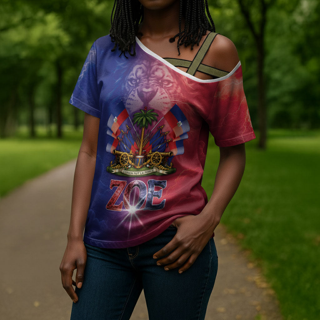 Haitian Zoe Cross Shoulder Shirt Roaring Lion With Coat Of Arms