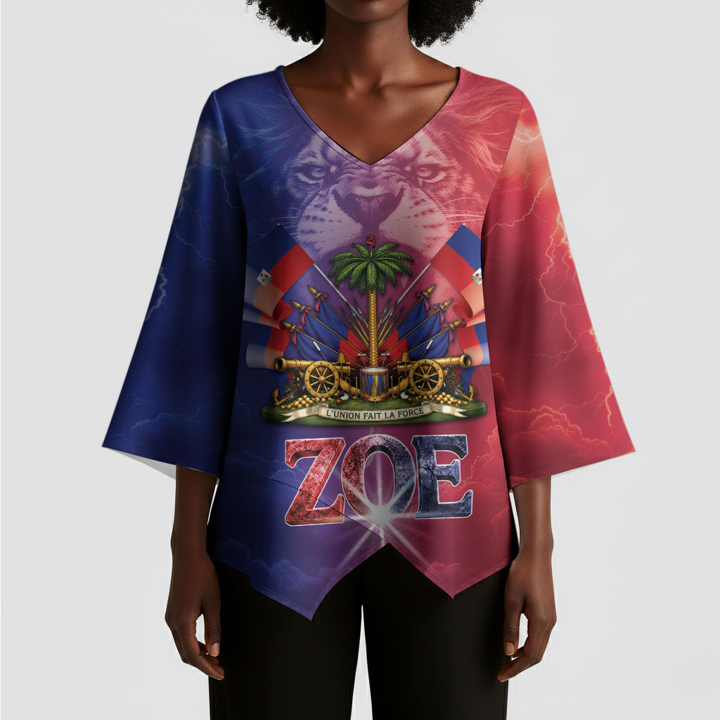 Haitian Zoe Kimono Sleeve Blouse Roaring Lion With Coat Of Arms