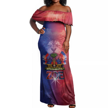 Haitian Zoe Off Shoulder Maxi Dress Roaring Lion With Coat Of Arms