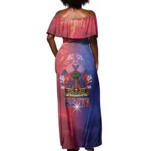 Haitian Zoe Off Shoulder Maxi Dress Roaring Lion With Coat Of Arms