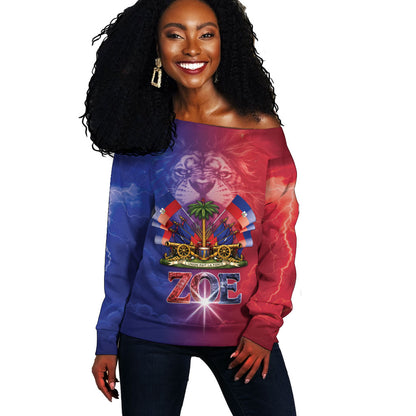 Haitian Zoe Off Shoulder Sweater Roaring Lion With Coat Of Arms
