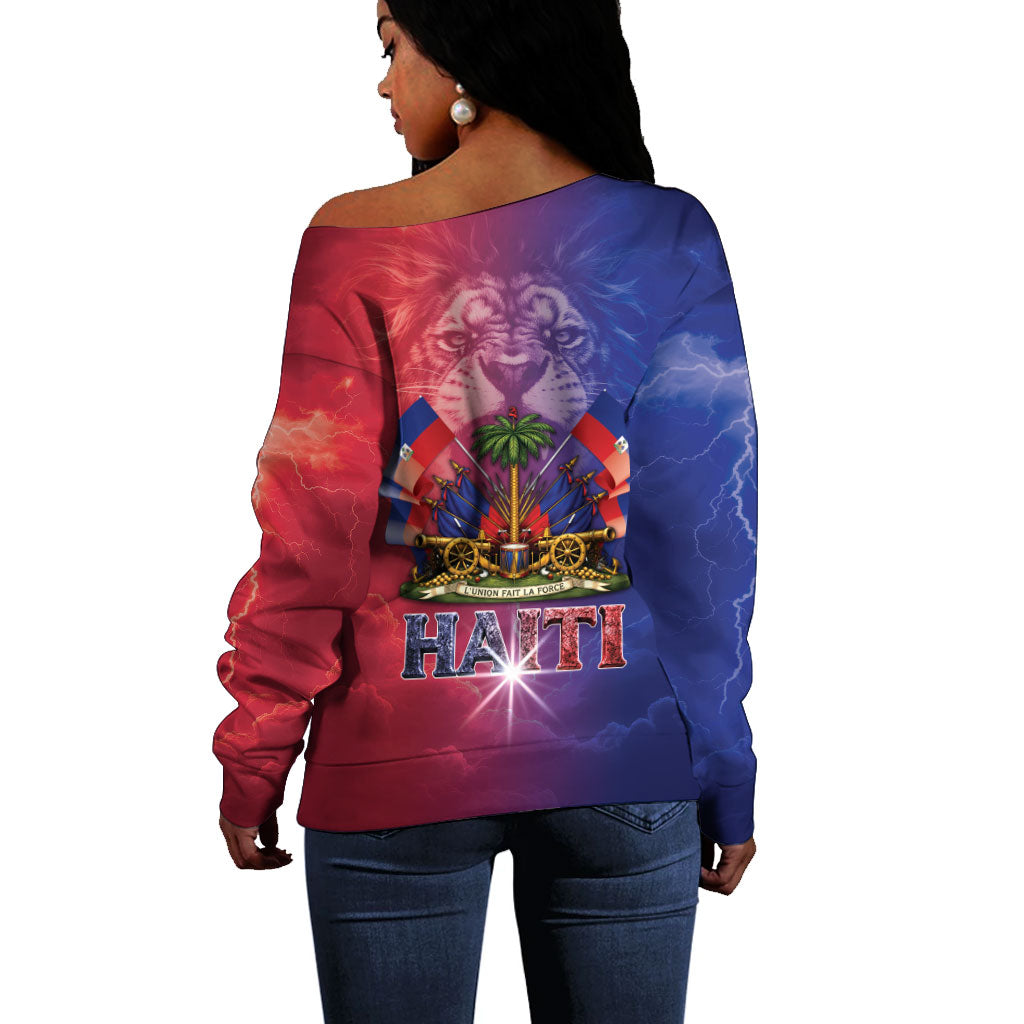 Haitian Zoe Off Shoulder Sweater Roaring Lion With Coat Of Arms