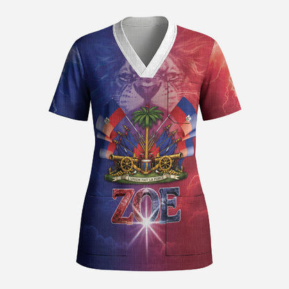 Haitian Zoe Scrub Top Roaring Lion With Coat Of Arms