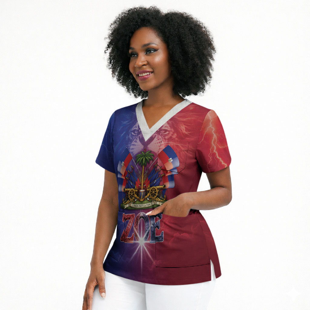 Haitian Zoe Scrub Top Roaring Lion With Coat Of Arms
