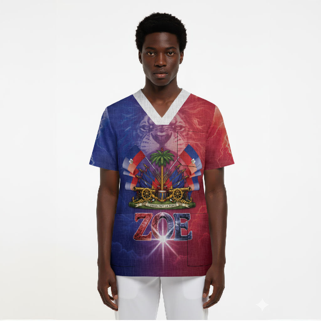 Haitian Zoe Scrub Top Roaring Lion With Coat Of Arms
