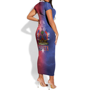 Haitian Zoe Short Sleeve Bodycon Dress Roaring Lion With Coat Of Arms