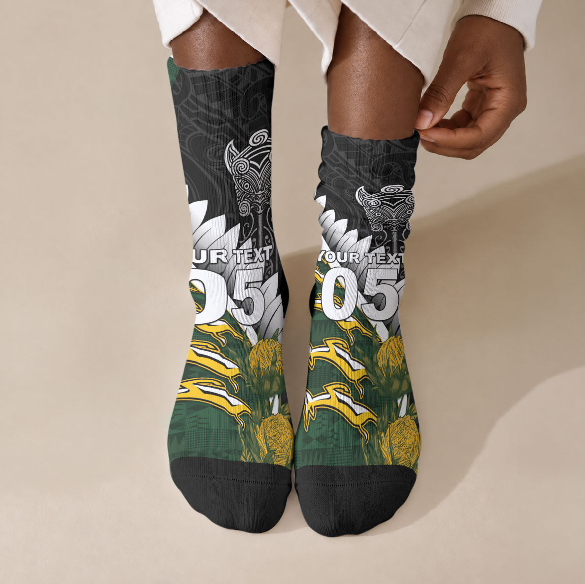 Custom Rugby New Zealand And South Africa Crew Socks Silver Fern With Springboks