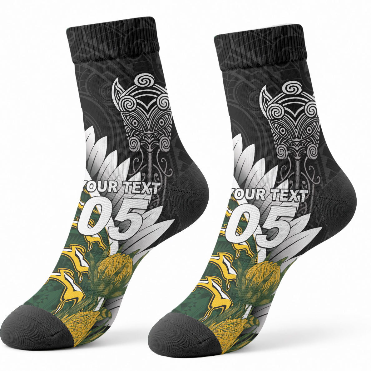 Custom Rugby New Zealand And South Africa Crew Socks Silver Fern With Springboks
