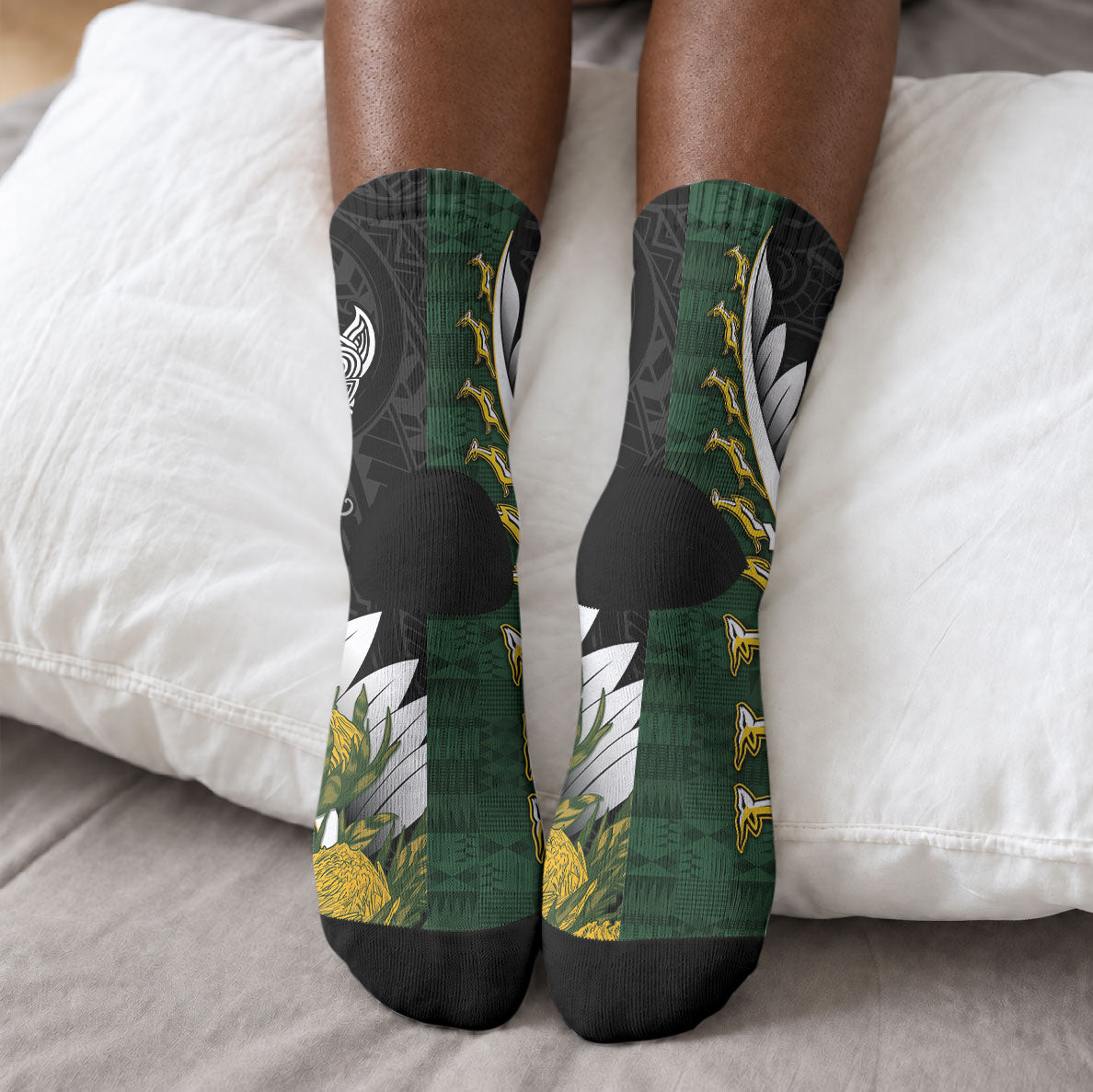 Custom Rugby New Zealand And South Africa Crew Socks Silver Fern With Springboks