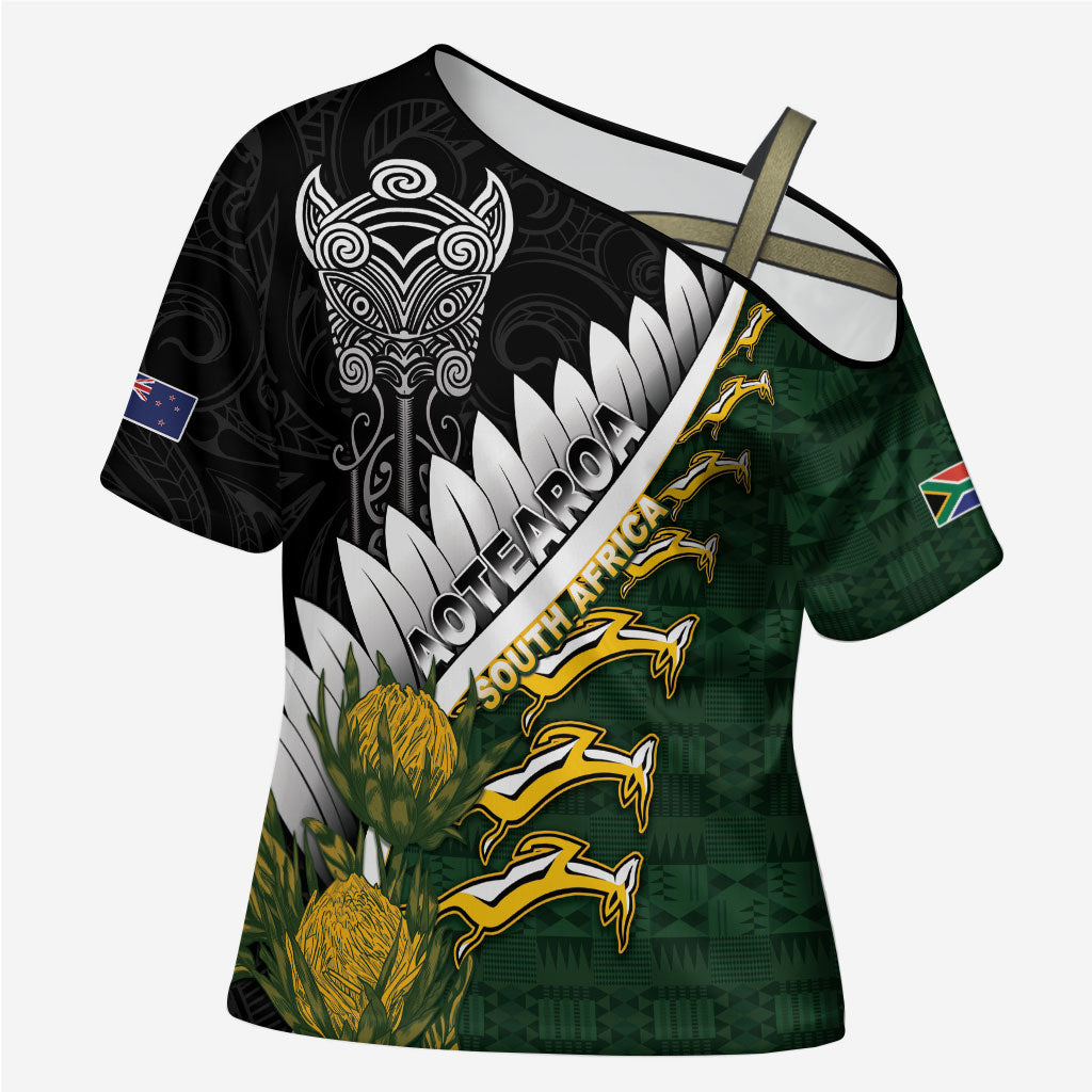 Custom Rugby New Zealand And South Africa Cross Shoulder Shirt Silver Fern With Springboks