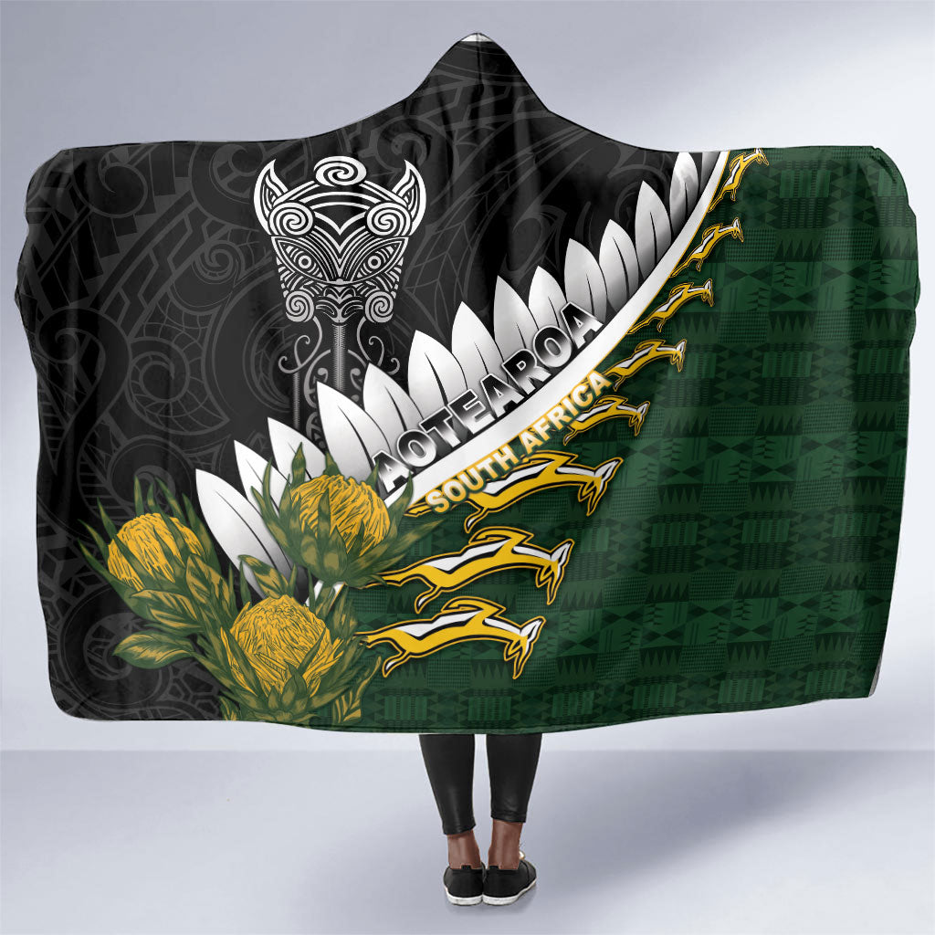 Rugby New Zealand And South Africa Hooded Blanket Silver Fern With Springboks