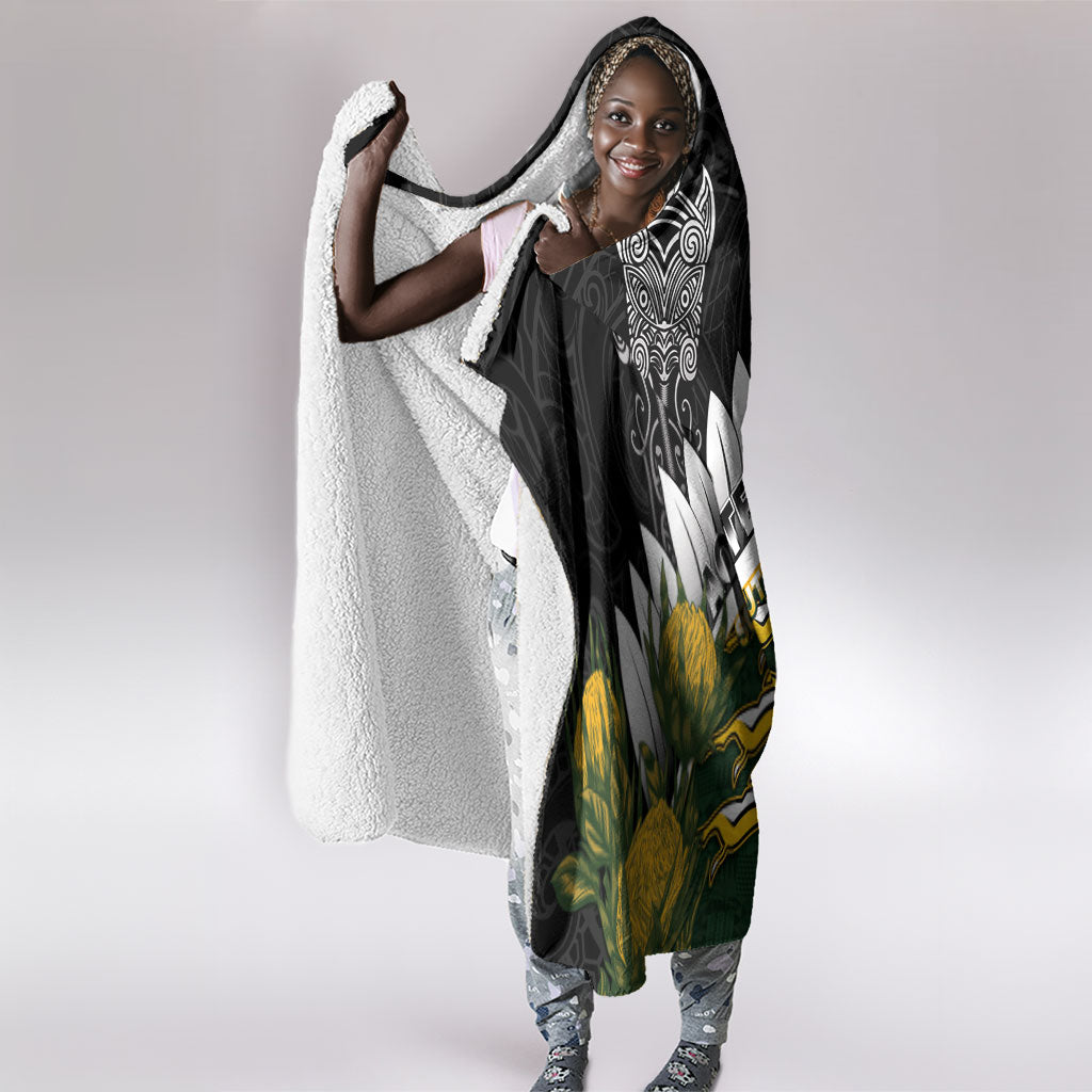 Rugby New Zealand And South Africa Hooded Blanket Silver Fern With Springboks