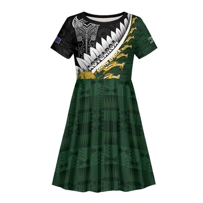 Custom Rugby New Zealand And South Africa Kid Short Sleeve Dress Silver Fern With Springboks