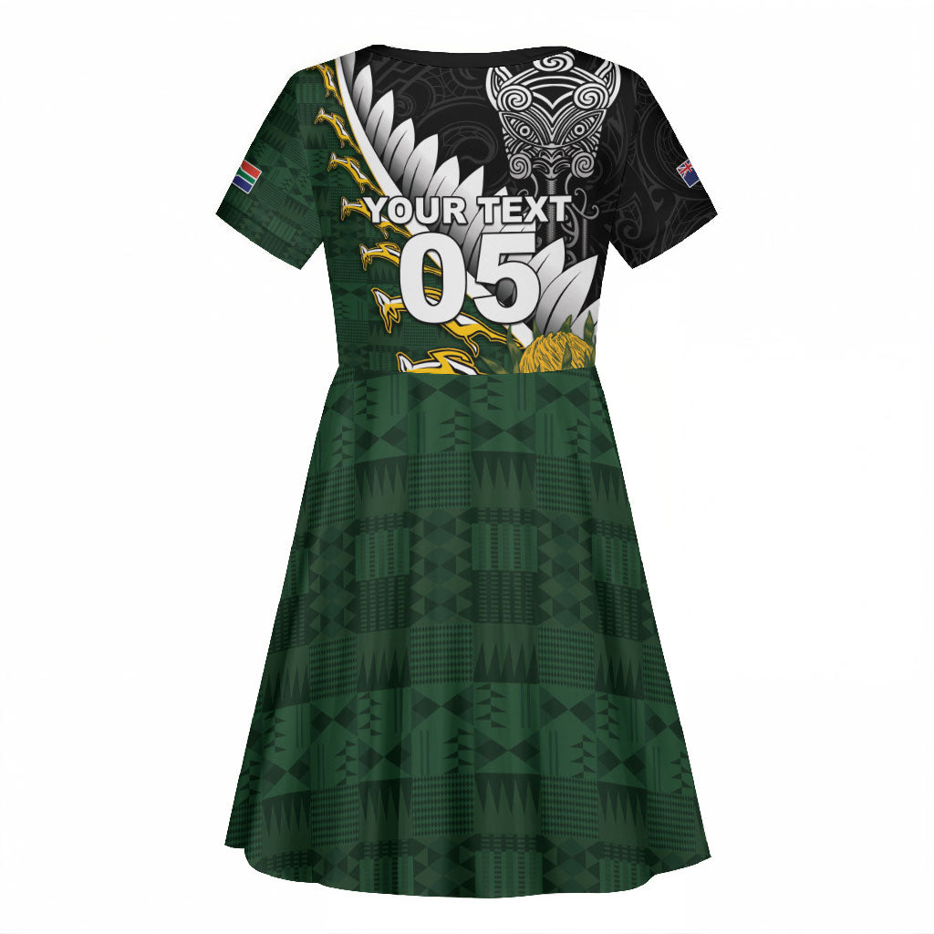 Custom Rugby New Zealand And South Africa Kid Short Sleeve Dress Silver Fern With Springboks