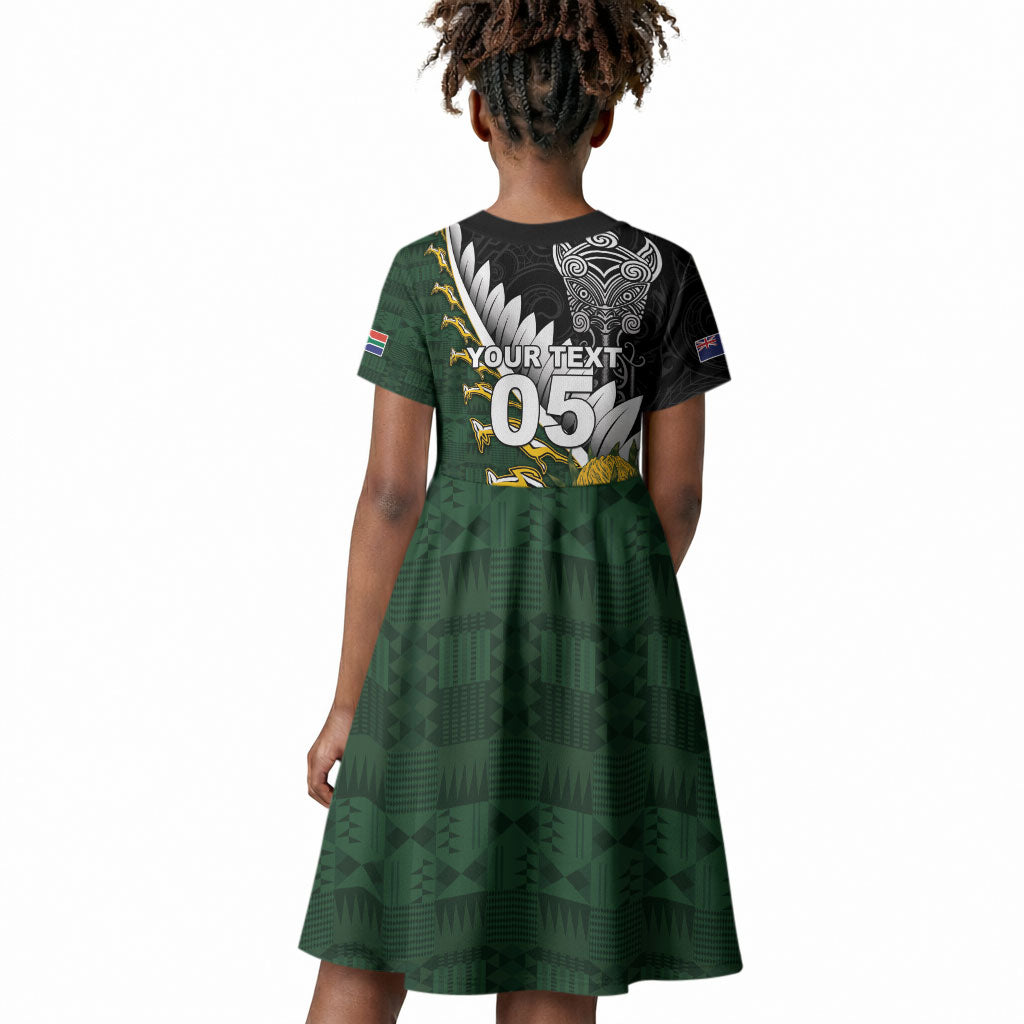 Custom Rugby New Zealand And South Africa Kid Short Sleeve Dress Silver Fern With Springboks