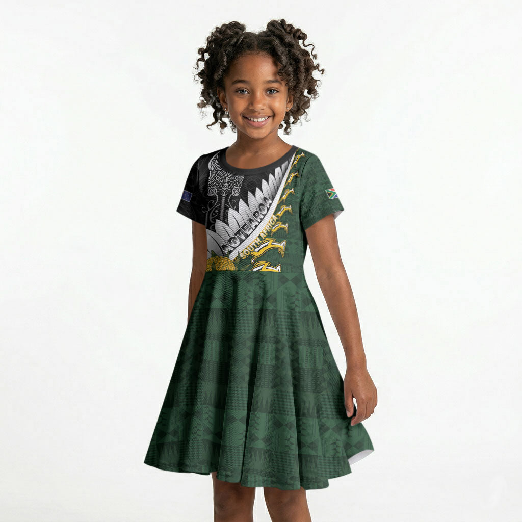 Custom Rugby New Zealand And South Africa Kid Short Sleeve Dress Silver Fern With Springboks