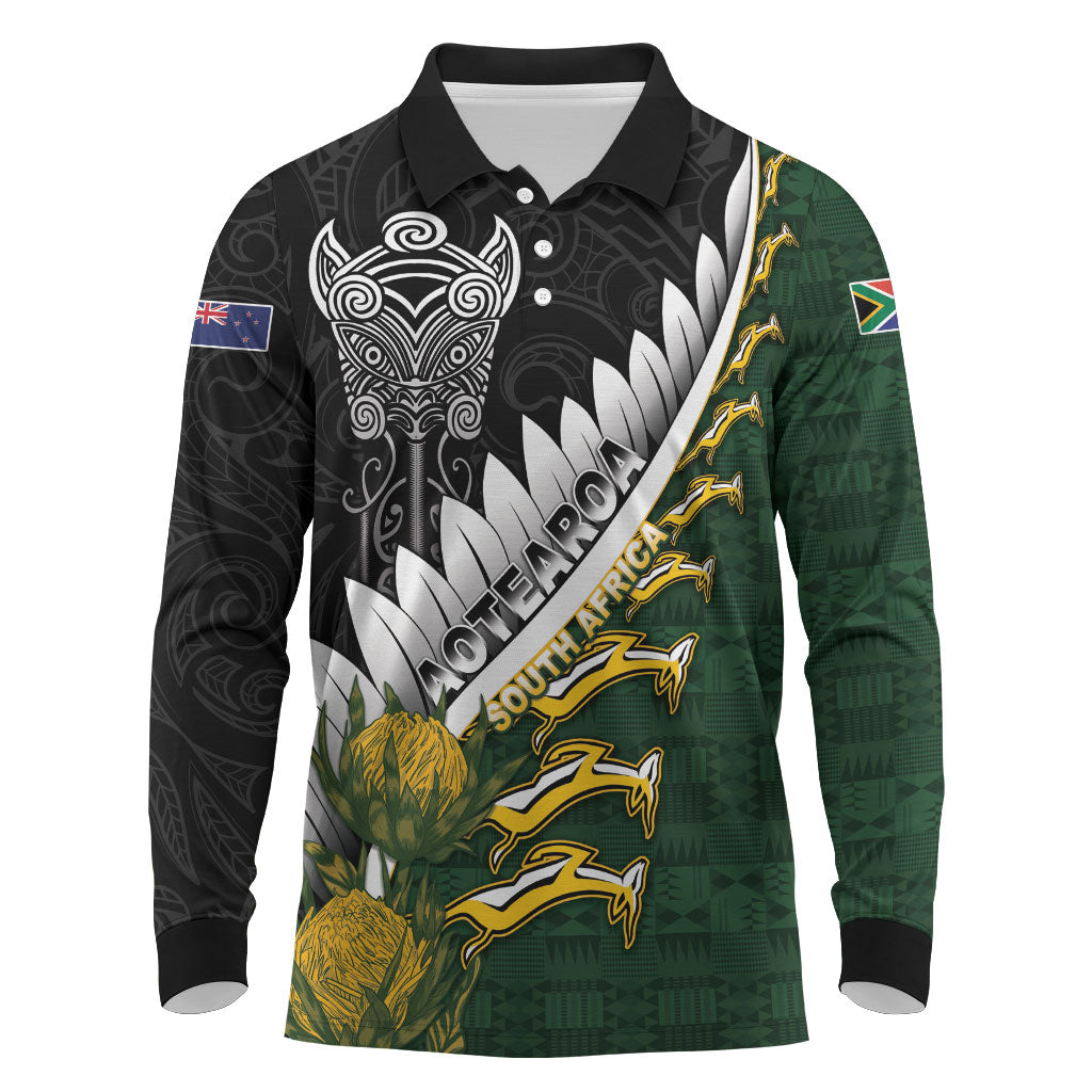 Custom Rugby New Zealand And South Africa Long Sleeve Polo Shirt Silver Fern With Springboks