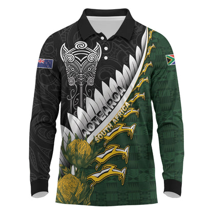 Custom Rugby New Zealand And South Africa Long Sleeve Polo Shirt Silver Fern With Springboks