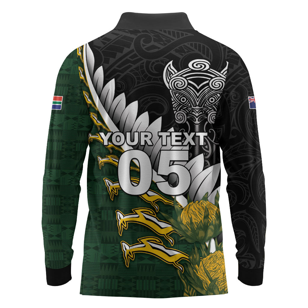 Custom Rugby New Zealand And South Africa Long Sleeve Polo Shirt Silver Fern With Springboks