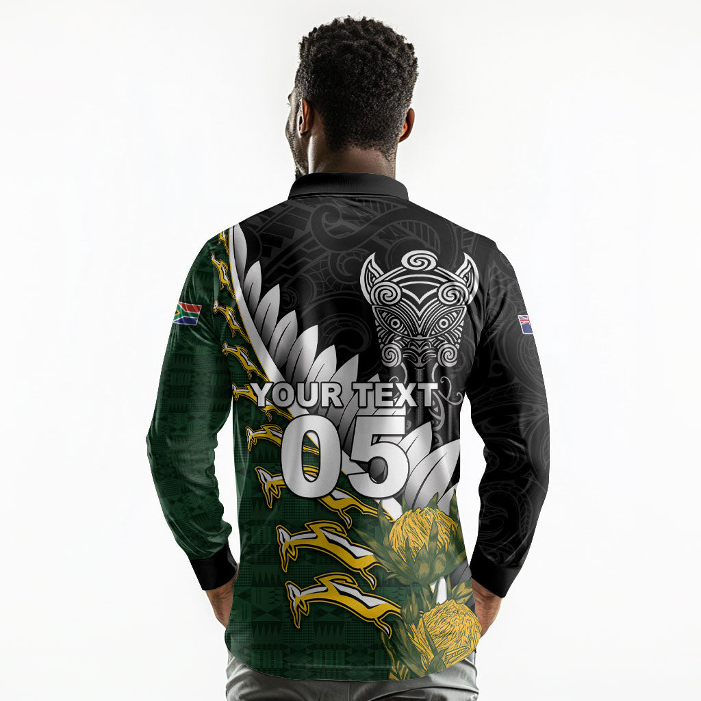 Custom Rugby New Zealand And South Africa Long Sleeve Polo Shirt Silver Fern With Springboks