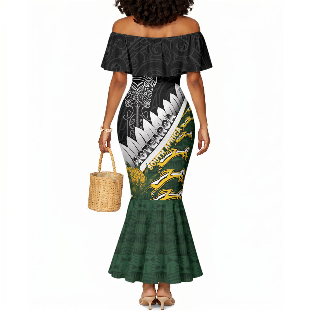 Custom Rugby New Zealand And South Africa Mermaid Dress Silver Fern With Springboks