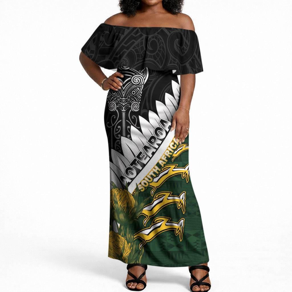 Custom Rugby New Zealand And South Africa Off Shoulder Maxi Dress Silver Fern With Springboks