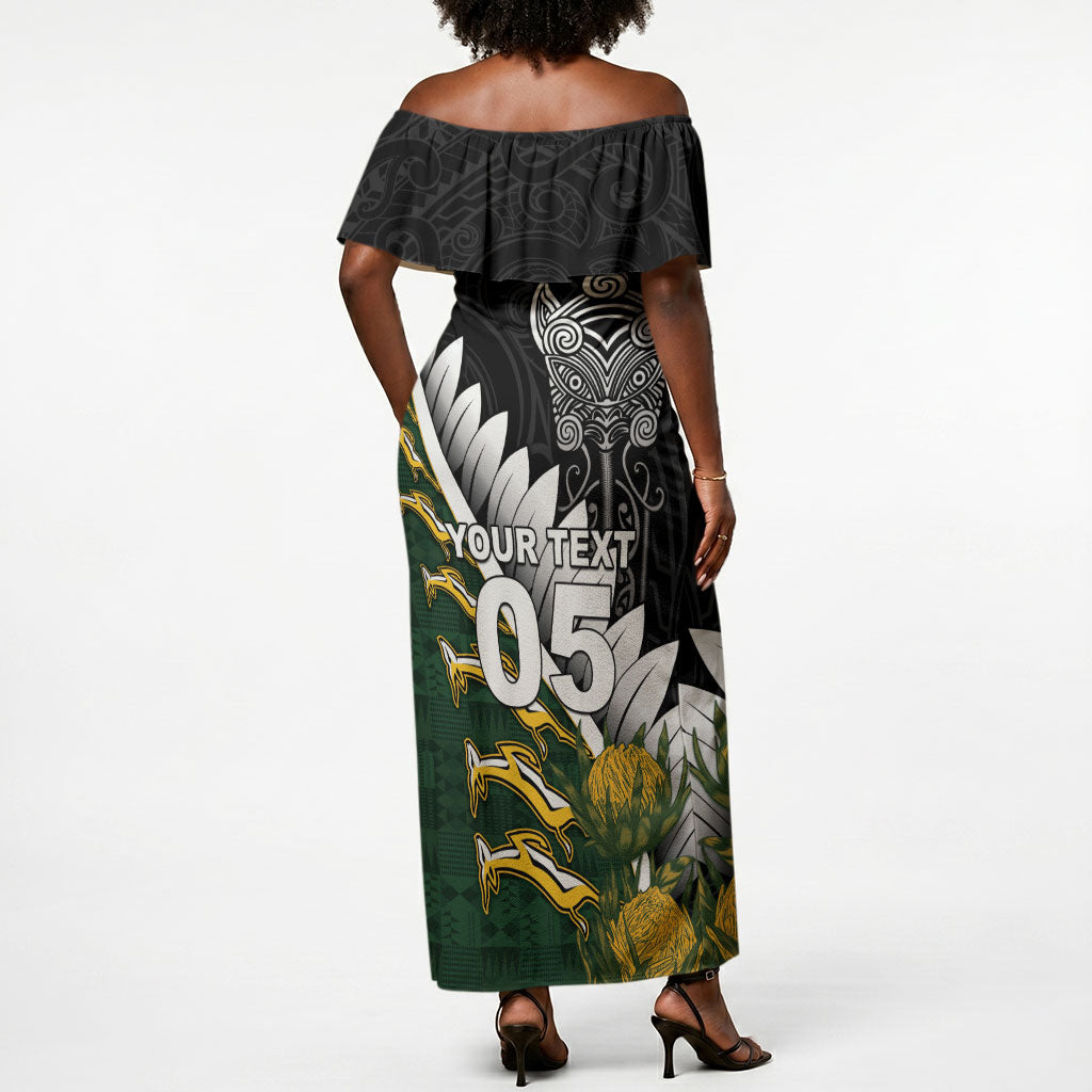 Custom Rugby New Zealand And South Africa Off Shoulder Maxi Dress Silver Fern With Springboks