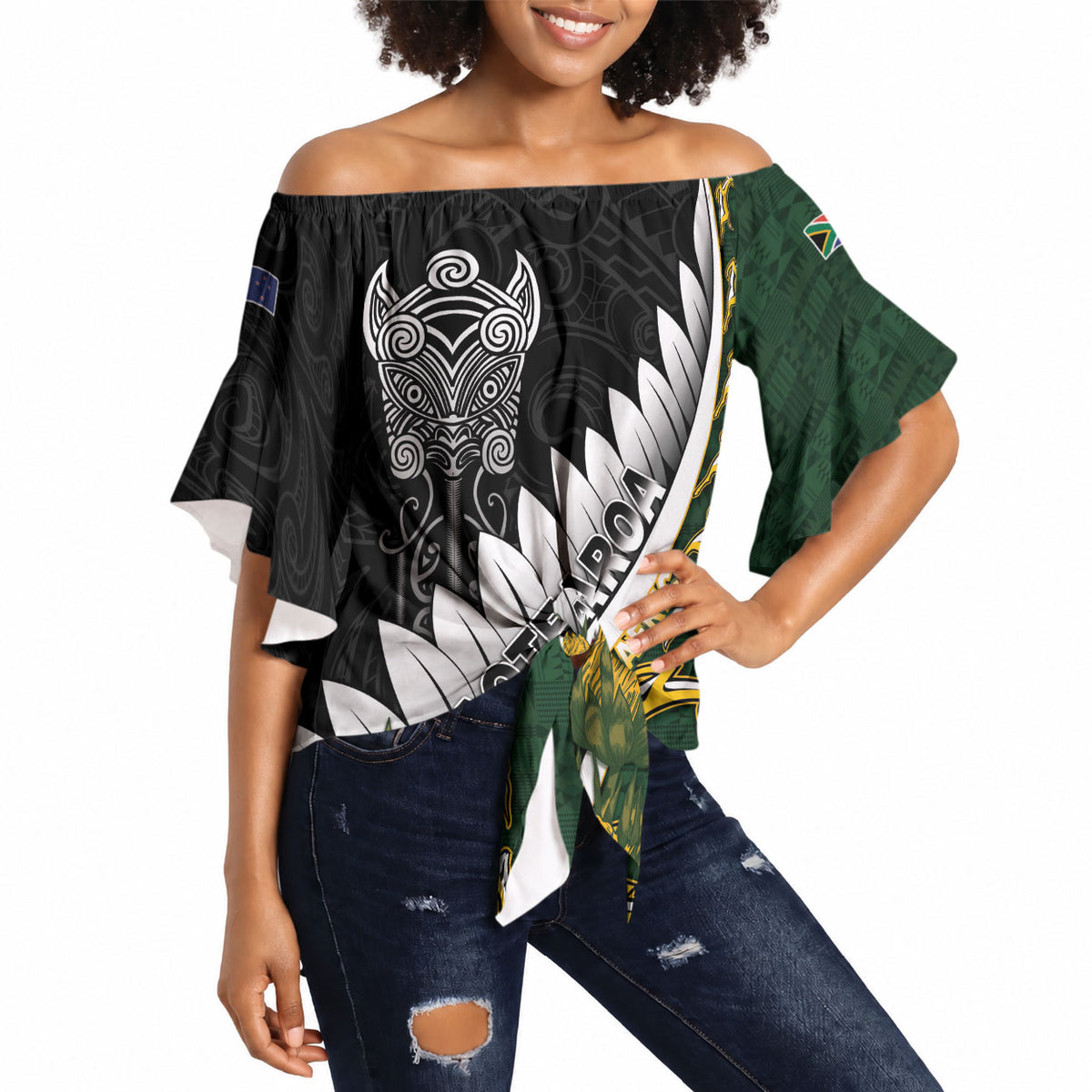 Custom Rugby New Zealand And South Africa Off Shoulder Wrap Waist Top Silver Fern With Springboks