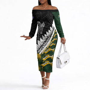 Custom Rugby New Zealand And South Africa Off The Shoulder Long Sleeve Dress Silver Fern With Springboks