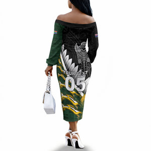 Custom Rugby New Zealand And South Africa Off The Shoulder Long Sleeve Dress Silver Fern With Springboks