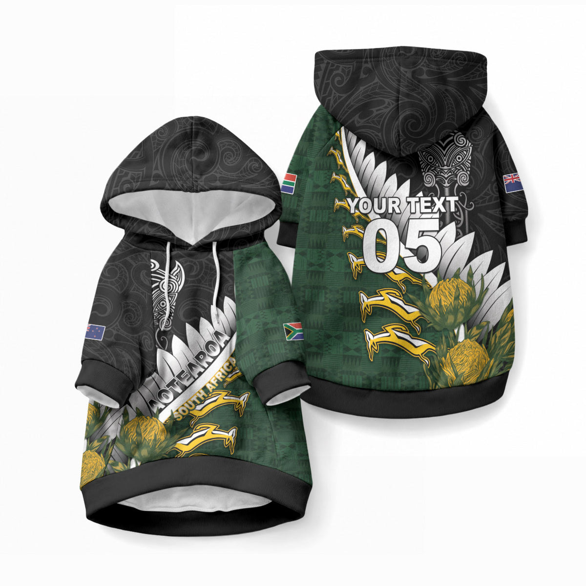 Custom Rugby New Zealand And South Africa Pet Hoodie Silver Fern With Springboks