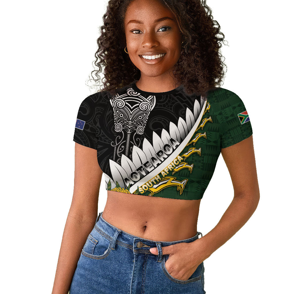 Custom Rugby New Zealand And South Africa Raglan Cropped T shirt Silver Fern With Springboks