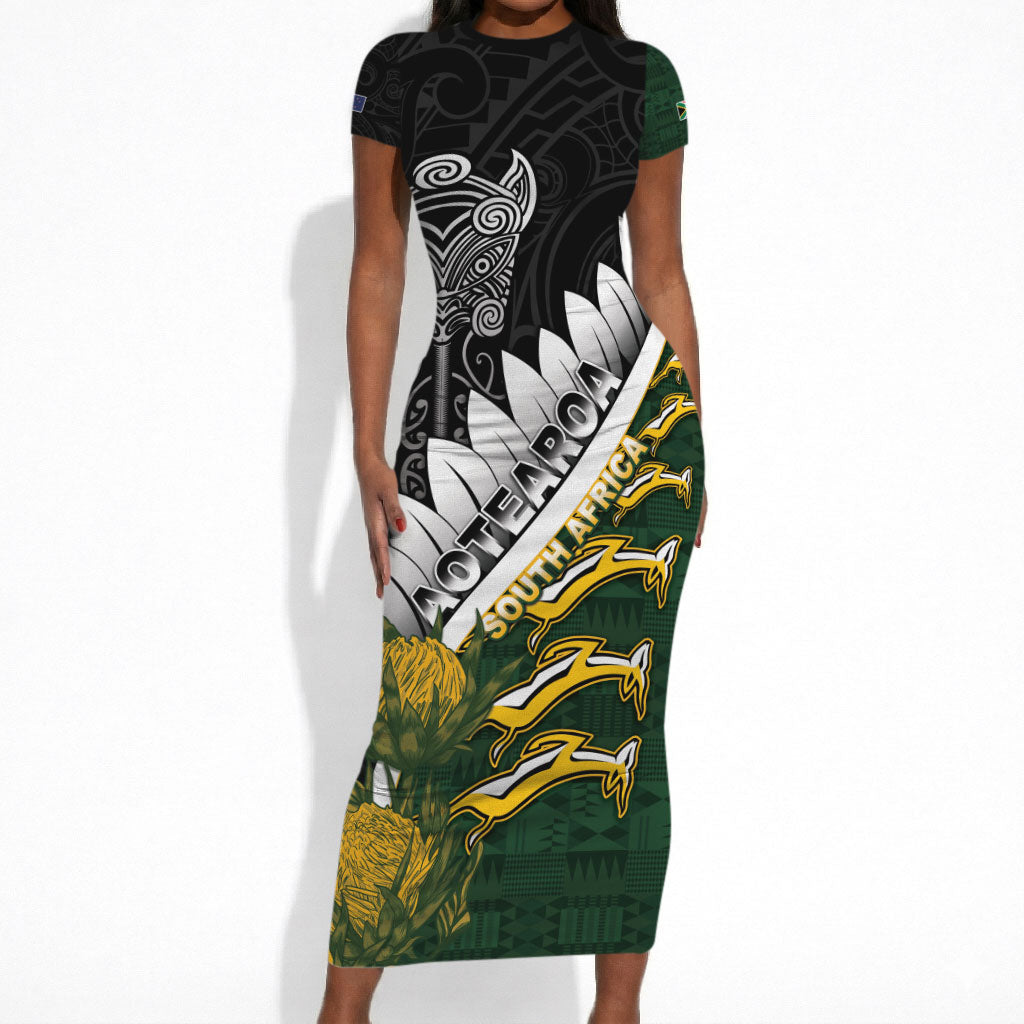 Custom Rugby New Zealand And South Africa Short Sleeve Bodycon Dress Silver Fern With Springboks