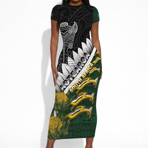 Custom Rugby New Zealand And South Africa Short Sleeve Bodycon Dress Silver Fern With Springboks