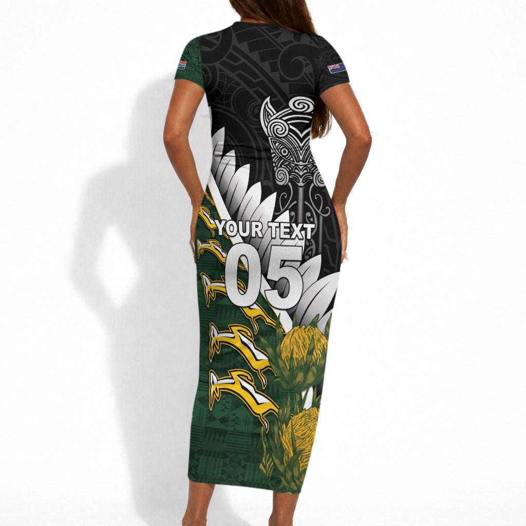 Custom Rugby New Zealand And South Africa Short Sleeve Bodycon Dress Silver Fern With Springboks