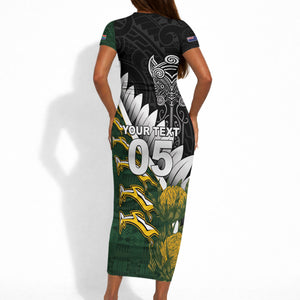 Custom Rugby New Zealand And South Africa Short Sleeve Bodycon Dress Silver Fern With Springboks