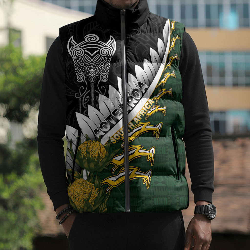 Custom Rugby New Zealand And South Africa Sleeveless Puffer Jacket Silver Fern With Springboks