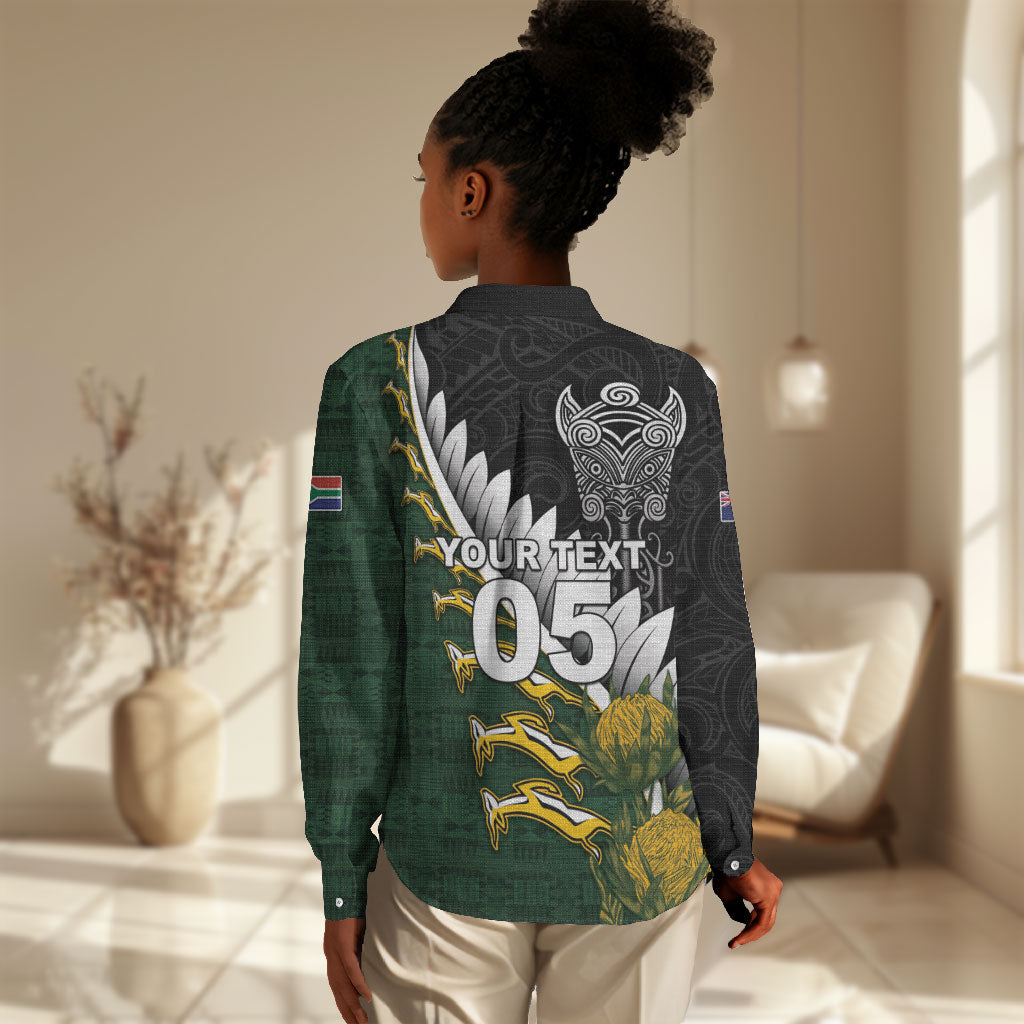 Custom Rugby New Zealand And South Africa Women Casual Shirt Silver Fern With Springboks
