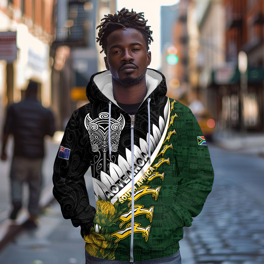 Custom Rugby New Zealand And South Africa Zip Hoodie Silver Fern With Springboks