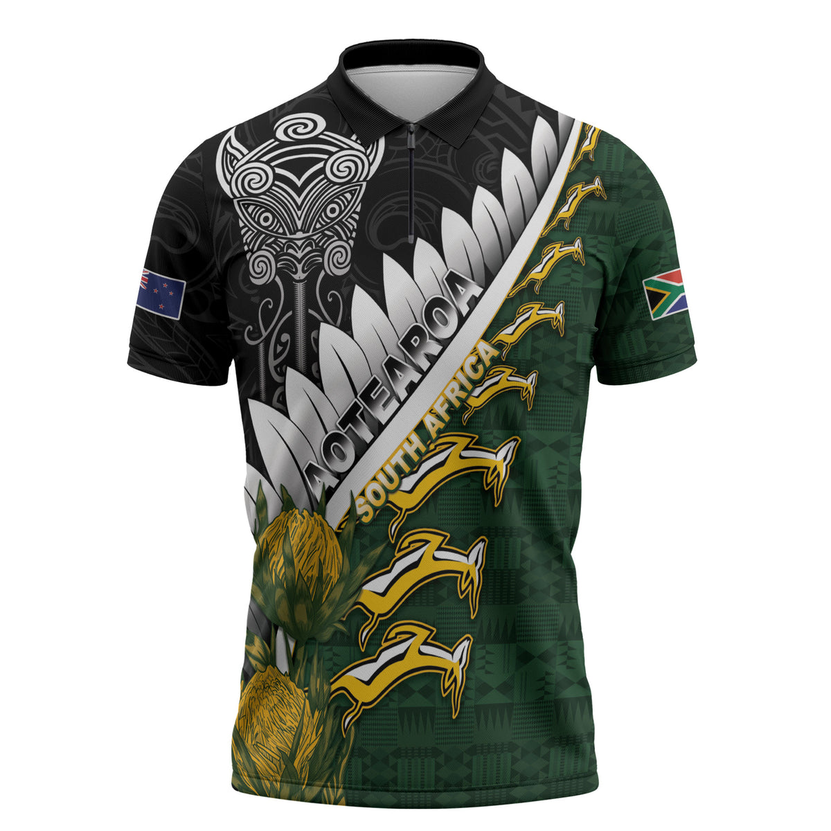 Custom Rugby New Zealand And South Africa Zipper Polo Shirt Silver Fern With Springboks