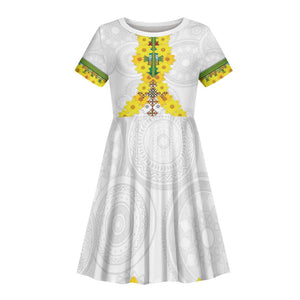 Enkutatash Ethiopia New Year Kid Short Sleeve Dress Tilet Pattern With Adey Abeba Flowers