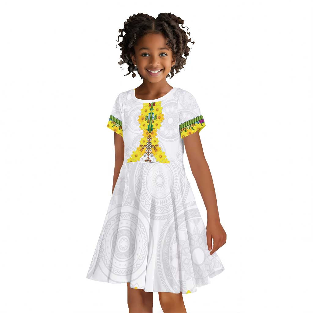 Enkutatash Ethiopia New Year Kid Short Sleeve Dress Tilet Pattern With Adey Abeba Flowers