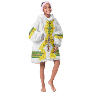 Enkutatash Ethiopia New Year KId Wearable Blanket Hoodie Tilet Pattern With Adey Abeba Flowers