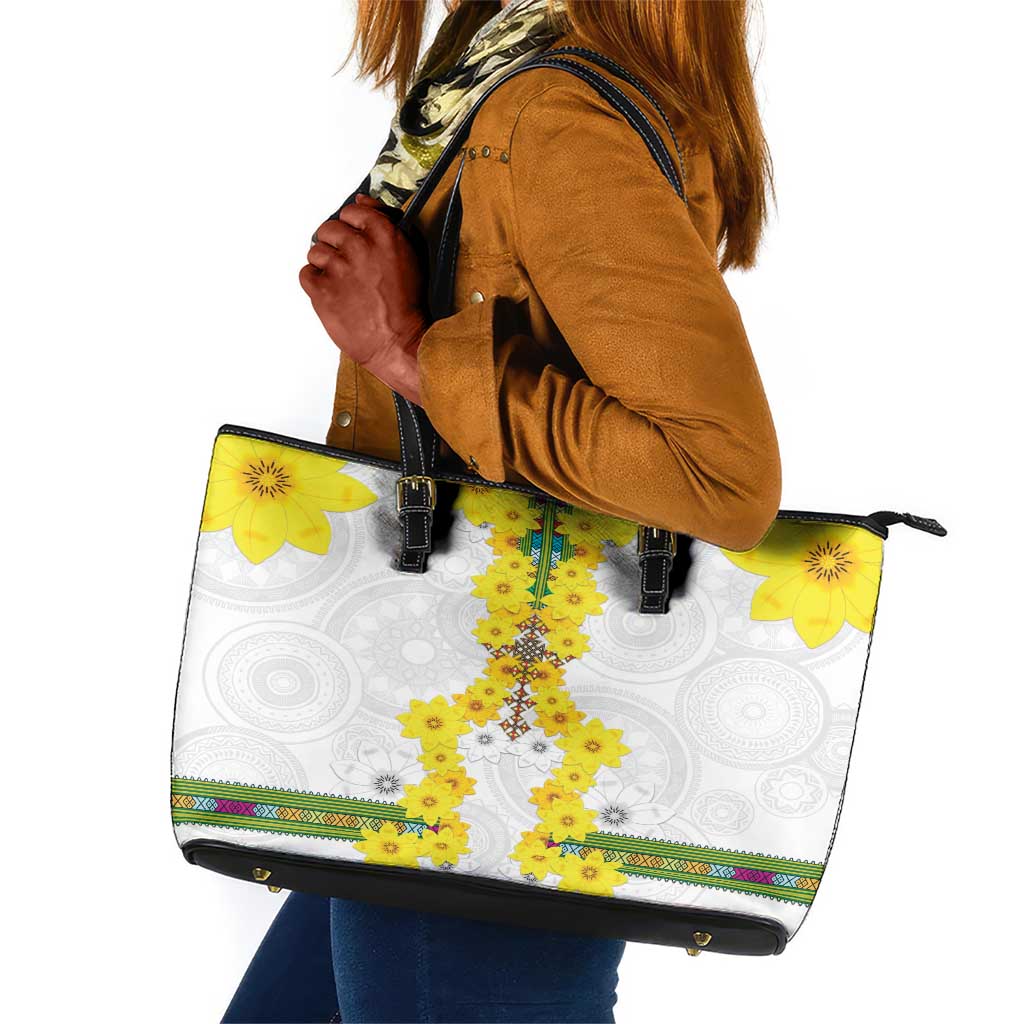 Enkutatash Ethiopia New Year Leather Tote Bag Tilet Pattern With Adey Abeba Flowers