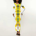 Enkutatash Ethiopia New Year Long Sleeve Bodycon Dress Tilet Pattern With Adey Abeba Flowers LT05
