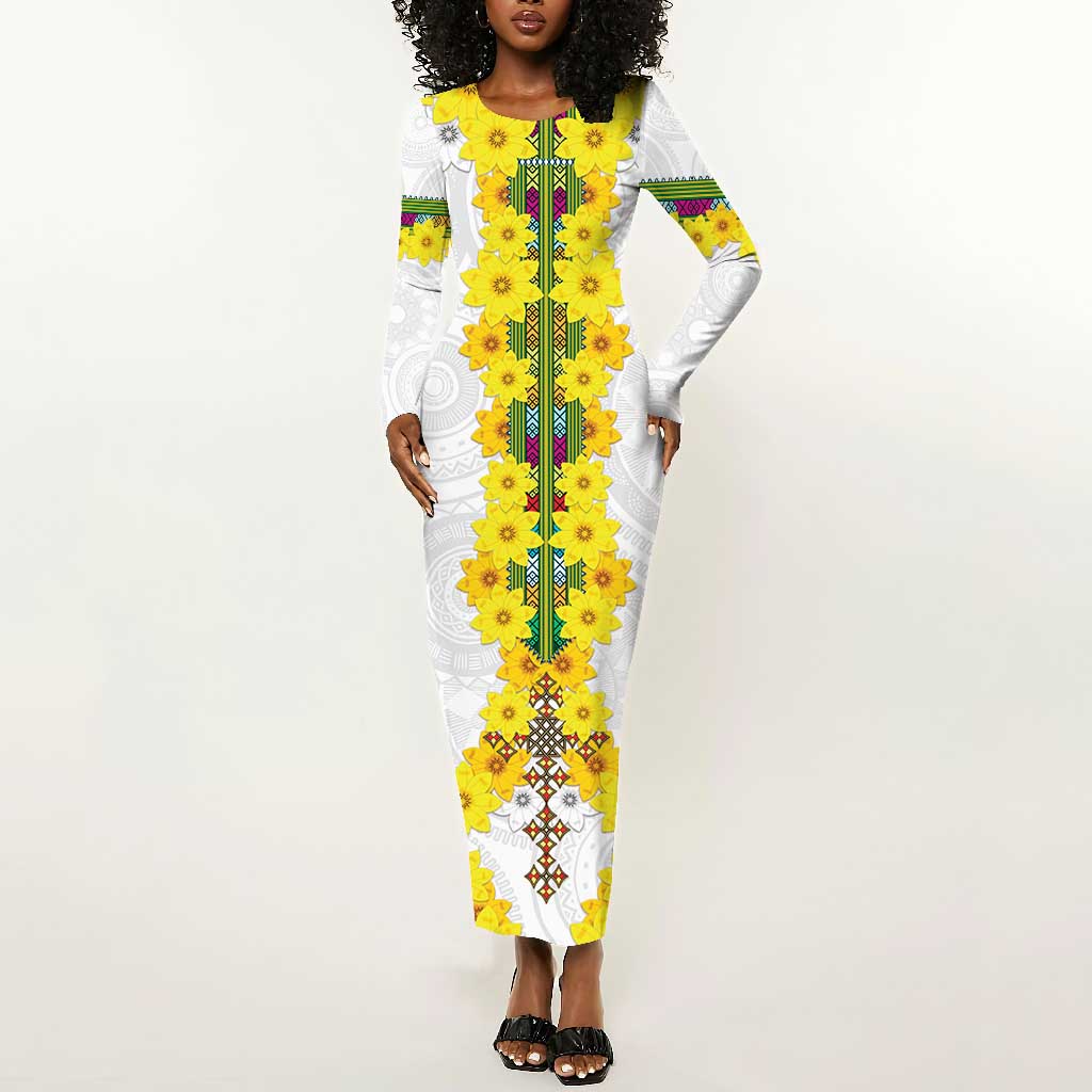 Enkutatash Ethiopia New Year Long Sleeve Bodycon Dress Tilet Pattern With Adey Abeba Flowers